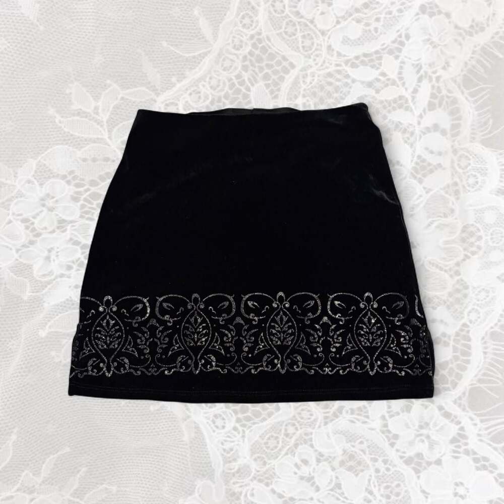 Vintage Black Velvet Mini Skirt Silver Glitter Filigree Y2K